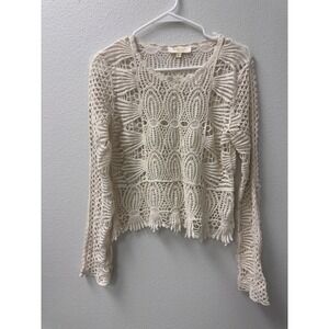 Womens Crochet Lace Top M Cream Long Sleeve Boho Festival Cottagecore Victorian
